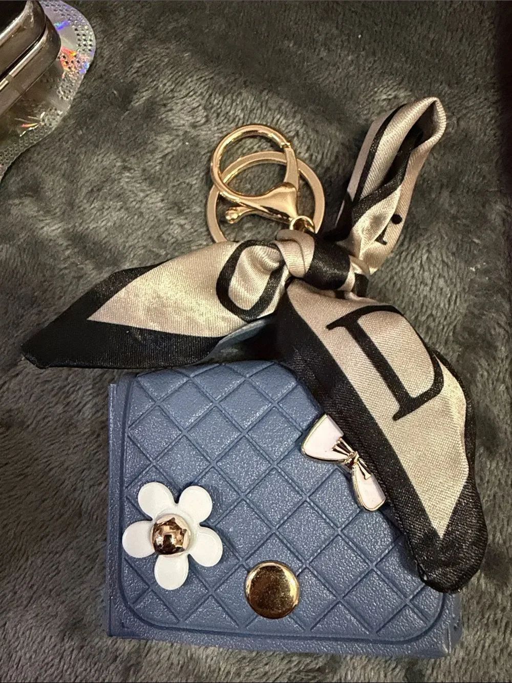 Blue Quilted Flower Charm Keychain (air pod case) with Black & Cream Scarf